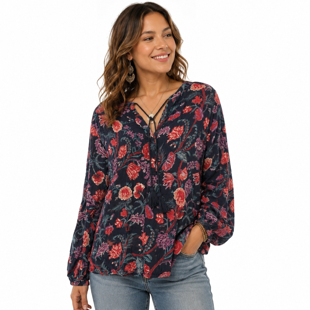 Lucky Brand Boho Navy Floral Long Sleeve Rayon Lightweight Top Shirt Blouse sz L